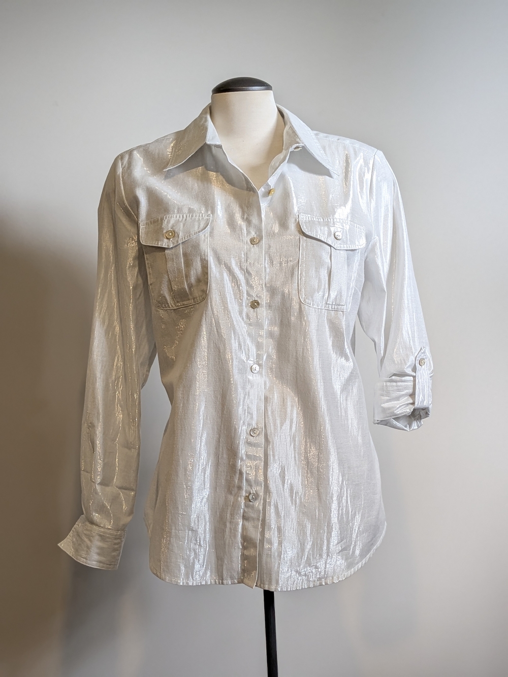 Ruby Rd. Metallic White Button Up Button Down Shirt Blouse Cotton Light Weight